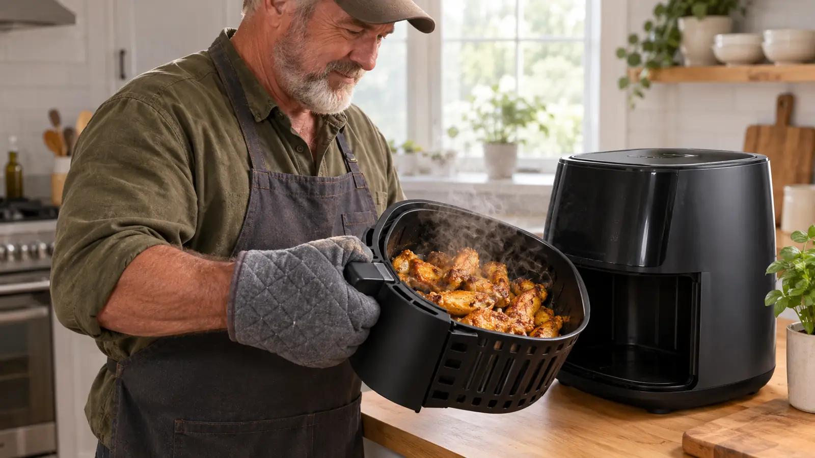 A hand in a quilted oven mitt pulling the large nonstick basket out of an 8 quart air fryer to shake the food