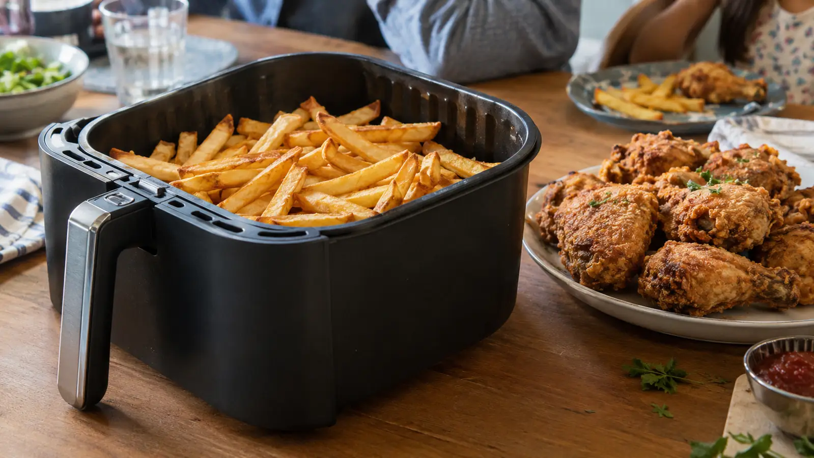 An 8 quart air fryer basket filled with golden french fries sitting on a kitchen counter next to a plate of chicken