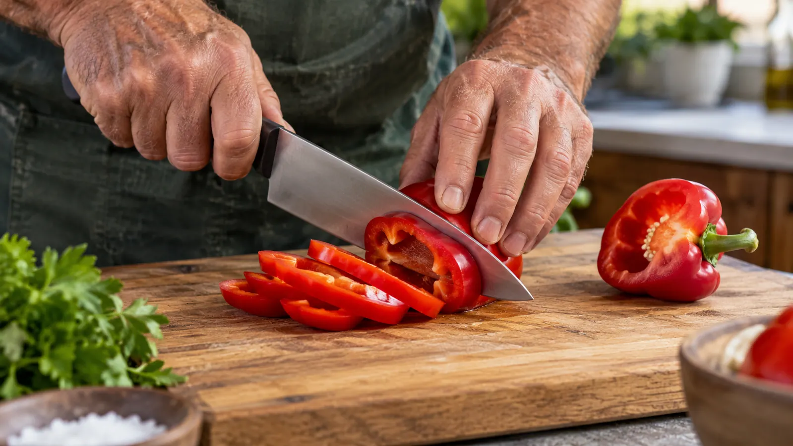 A hand slicing a red bell pepper on a cutting board with a chef knife from a knife block set
