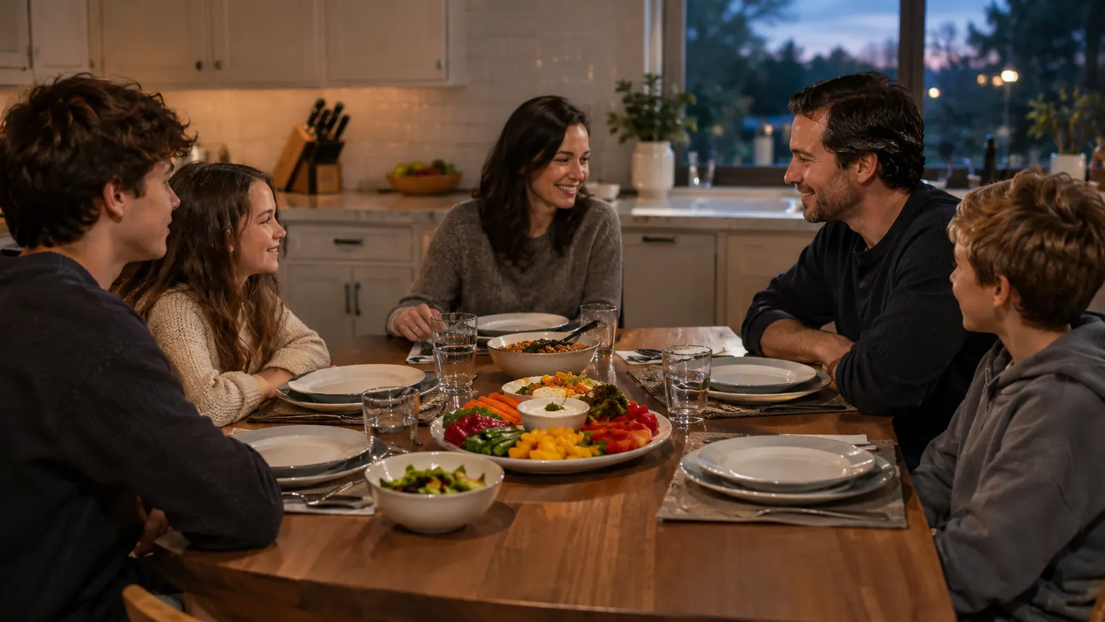A family dinner table with a platter of sliced vegetables and a knife block set in the background