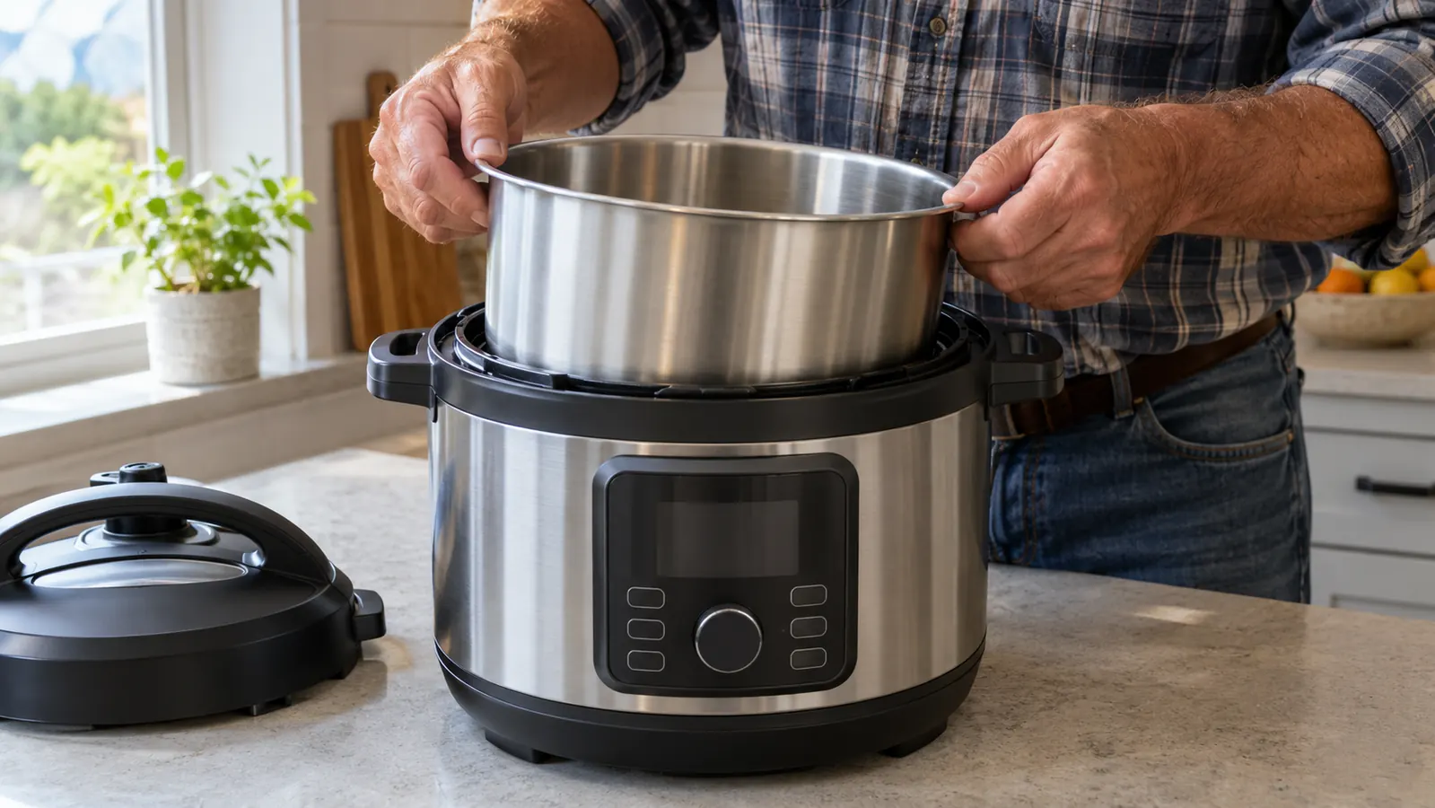 Hands in a home kitchen placing a stainless steel inner pot into an electric pressure cooker base