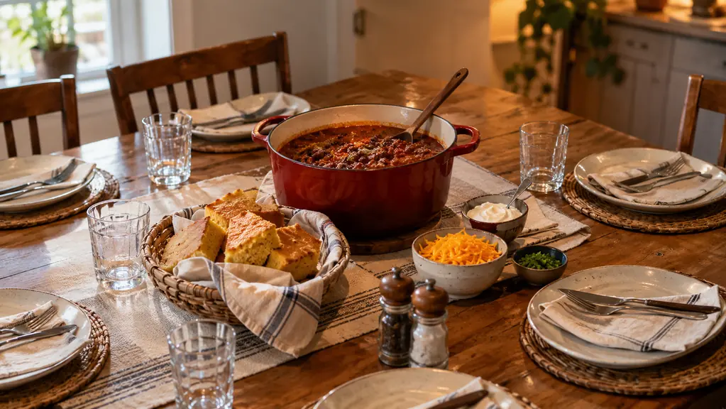 A weeknight family dinner table with a large pot of chili, a basket of cornbread, and six place settings