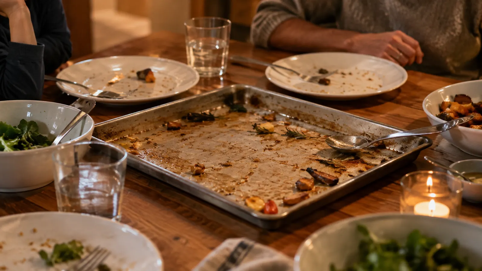 A half sheet pan in the middle of a family dinner table with empty plates around it.