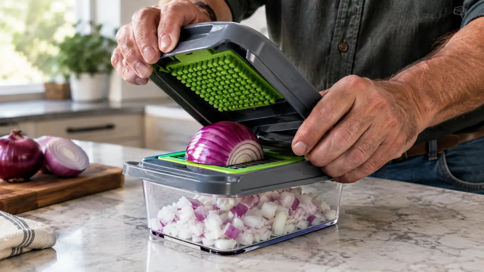 Close-up of a hand pressing down on a vegetable chopper over an included container with diced vegetables inside