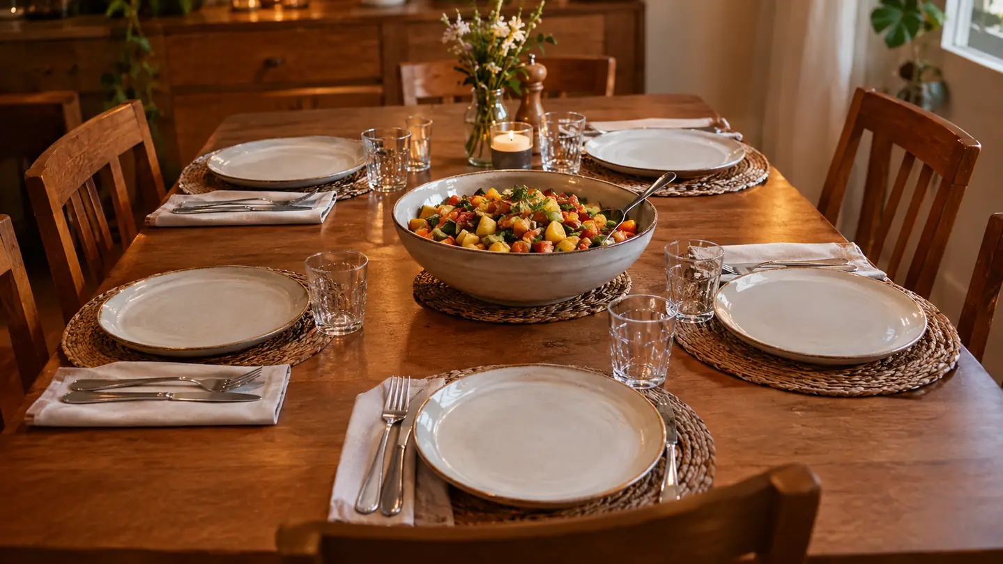 A family dinner table with a large bowl of mixed diced vegetables and six place settings