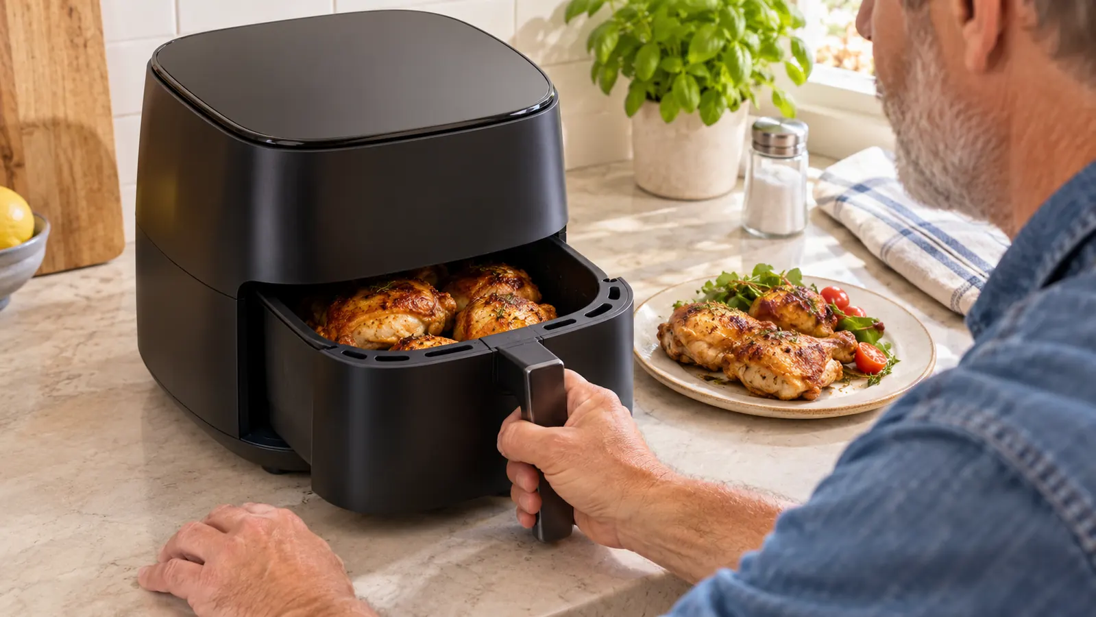 A hand sliding the air fryer basket back into the unit on a kitchen counter, a plate of cooked chicken thighs nearby