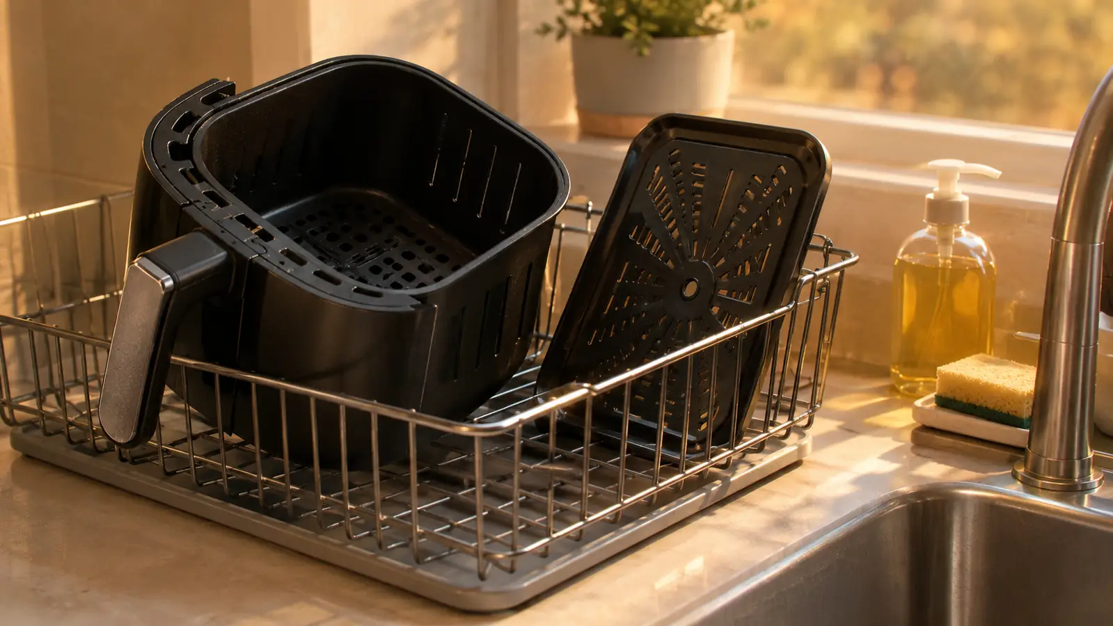 The empty air fryer basket and flat tray resting in a dish rack next to the kitchen sink
