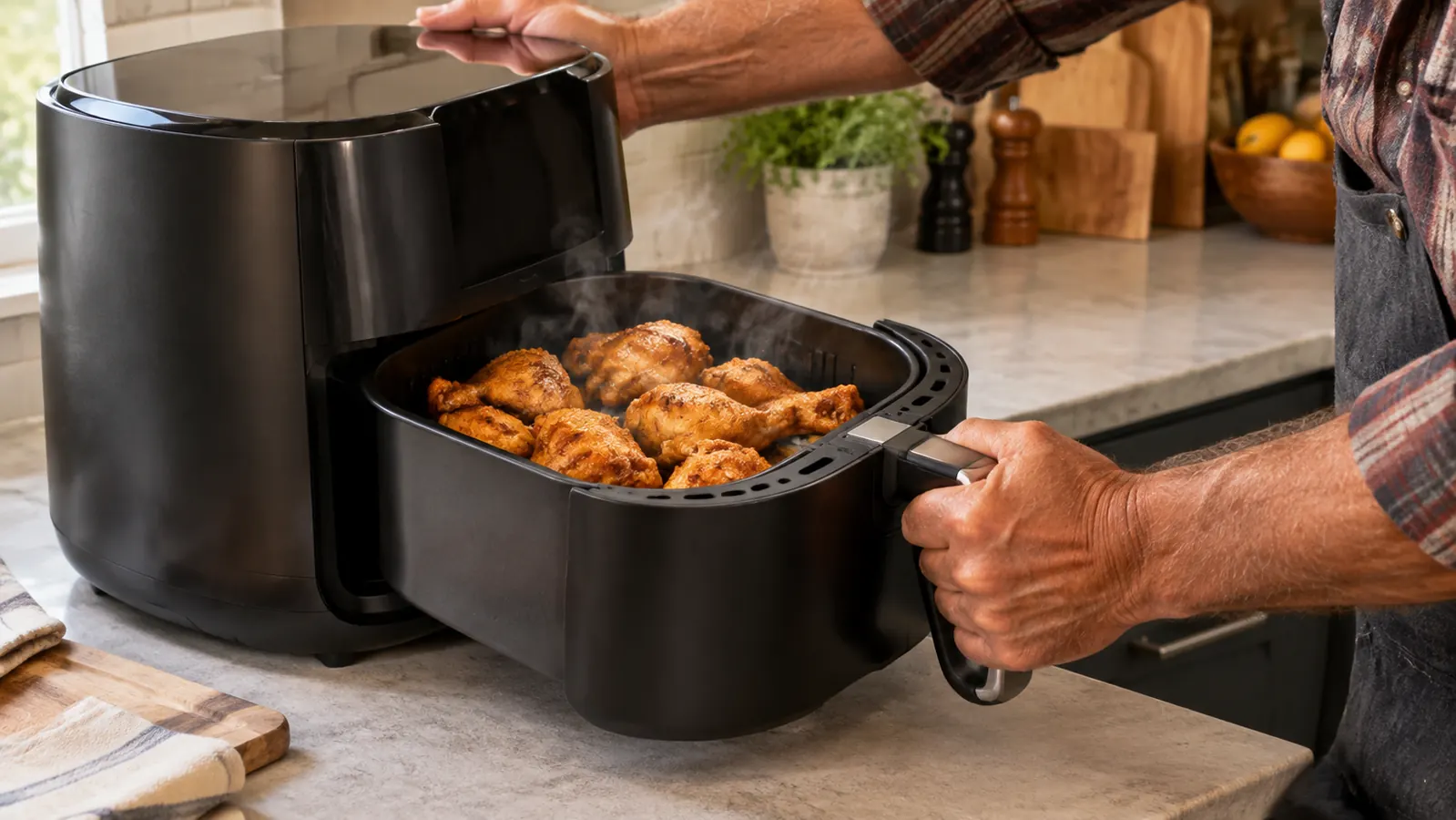 A hand pulling the basket out of the air fryer to check on golden chicken pieces, steam rising