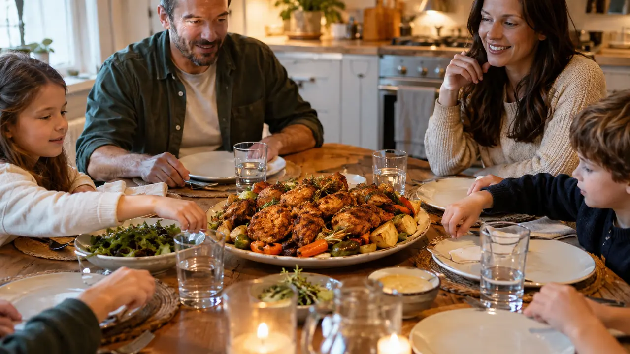 A family dinner table with a large platter of air-fried food served family style, plates being passed