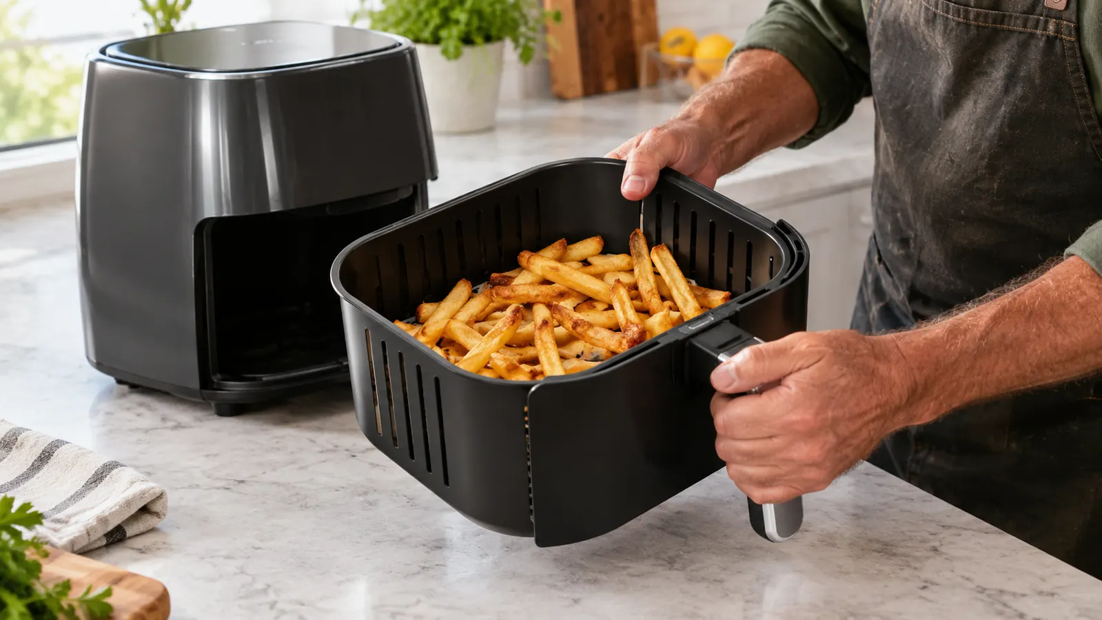A hand sliding the large non-stick basket out of an air fryer to shake golden fries