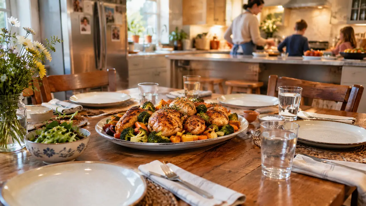 A platter of air-fried chicken and roasted vegetables on a table set for a family dinner