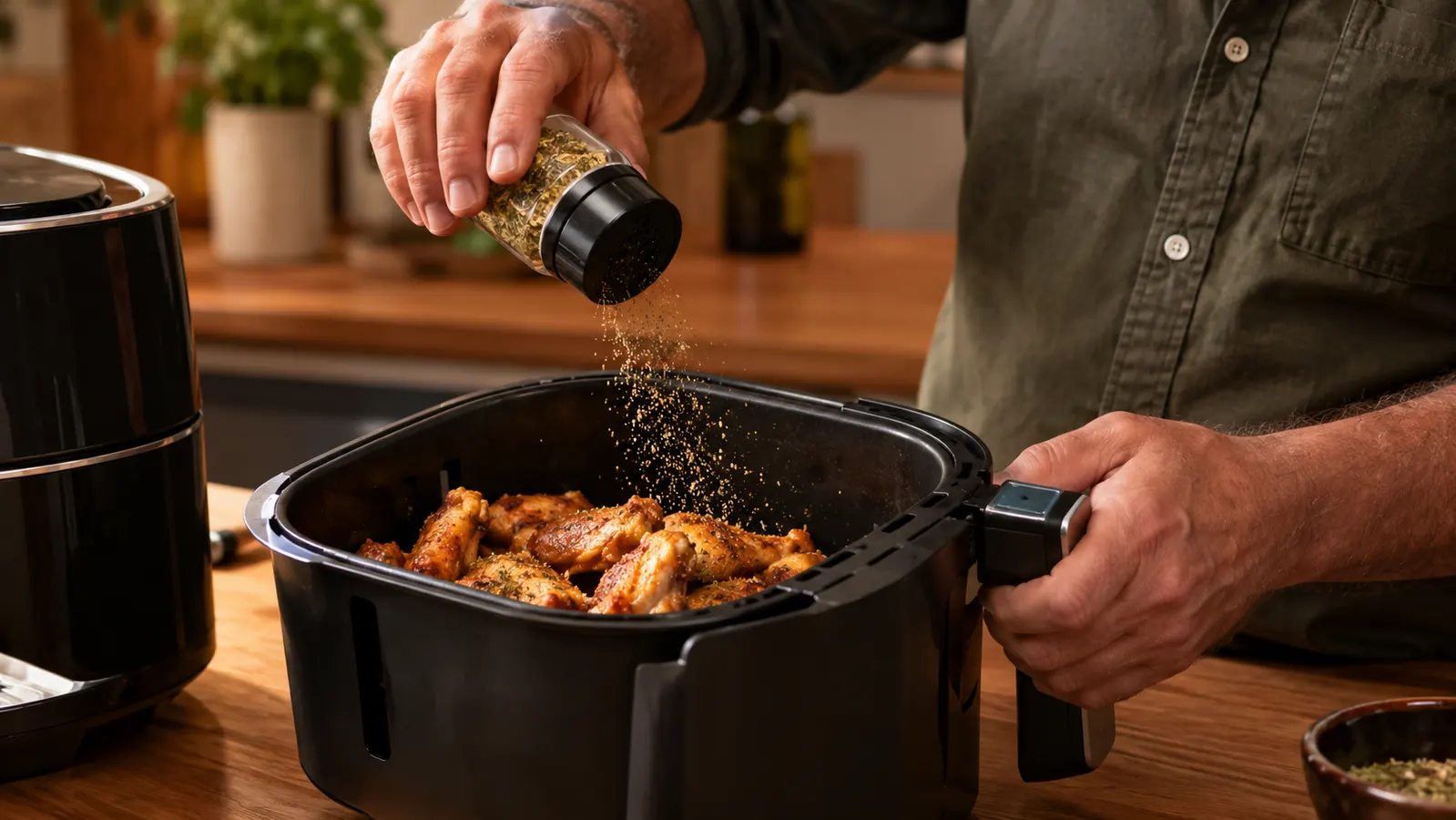 A hand sprinkling seasoning over the large nonstick air fryer basket on the counter