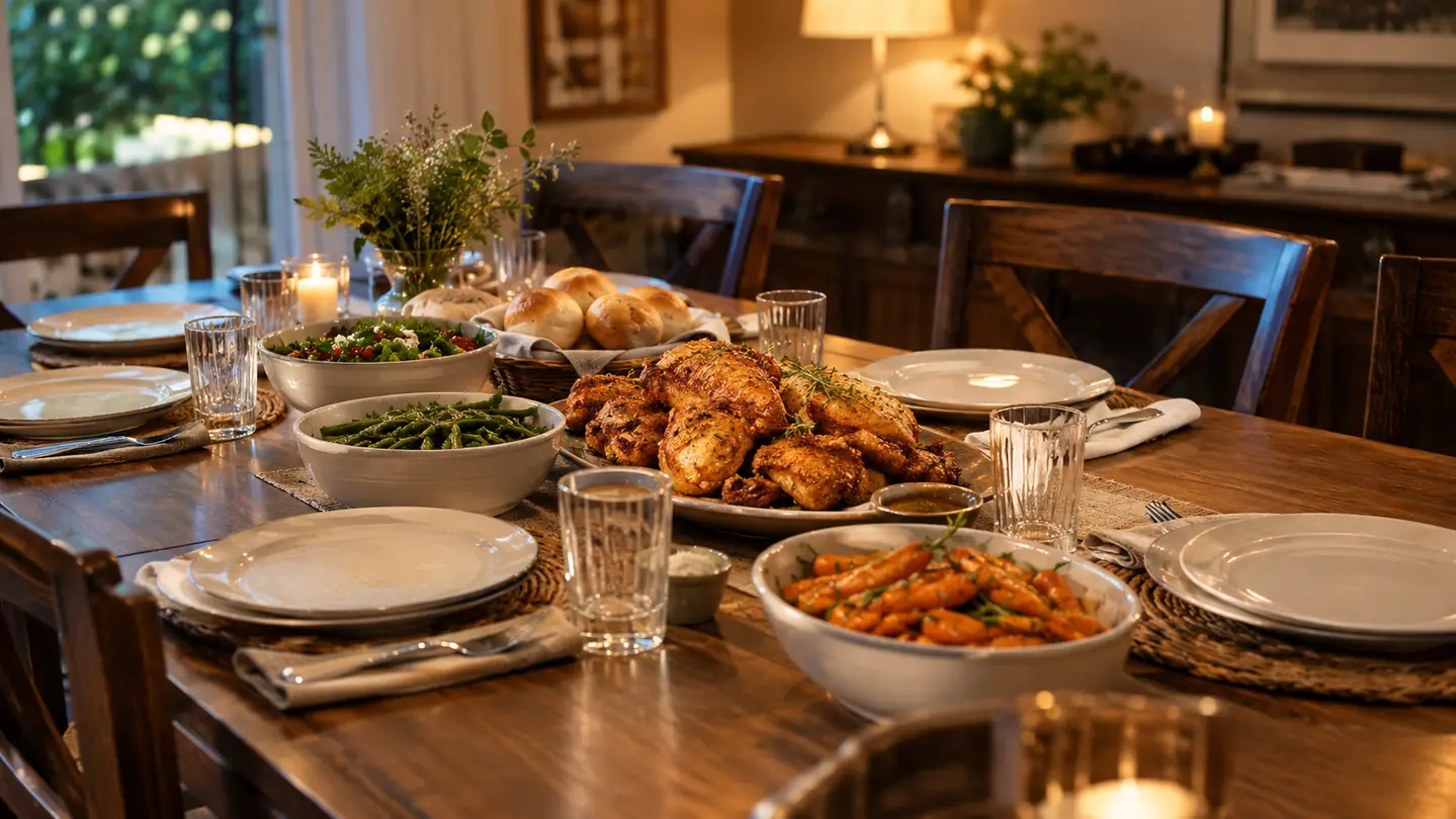 An evening dinner table with a platter of golden air-fried chicken surrounded by bowls of sides