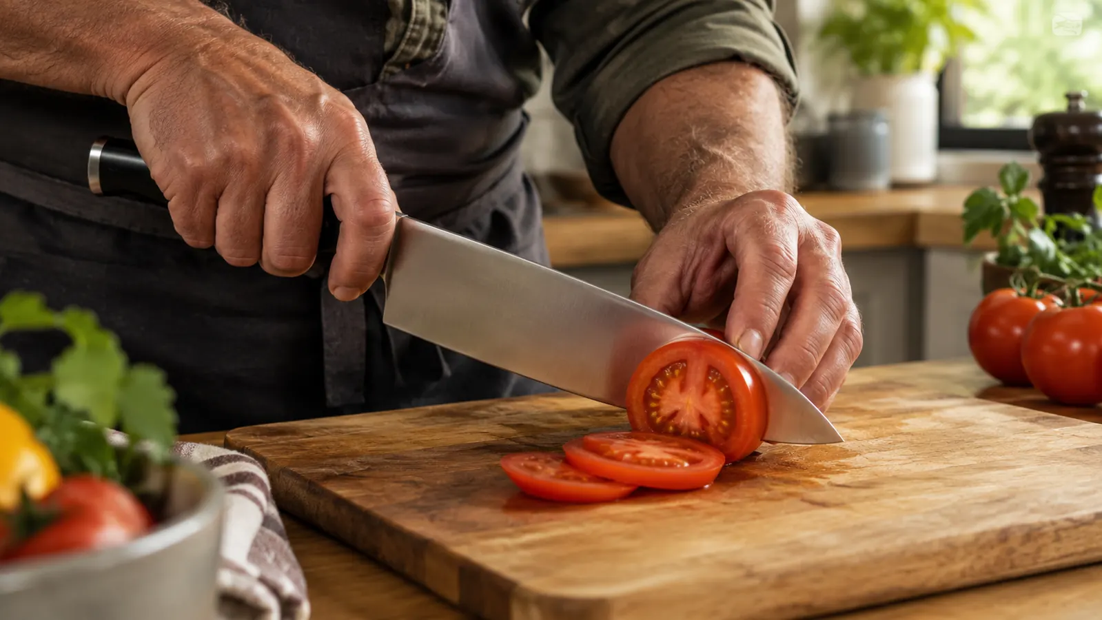 A hand slicing a tomato on a cutting board with a chef knife