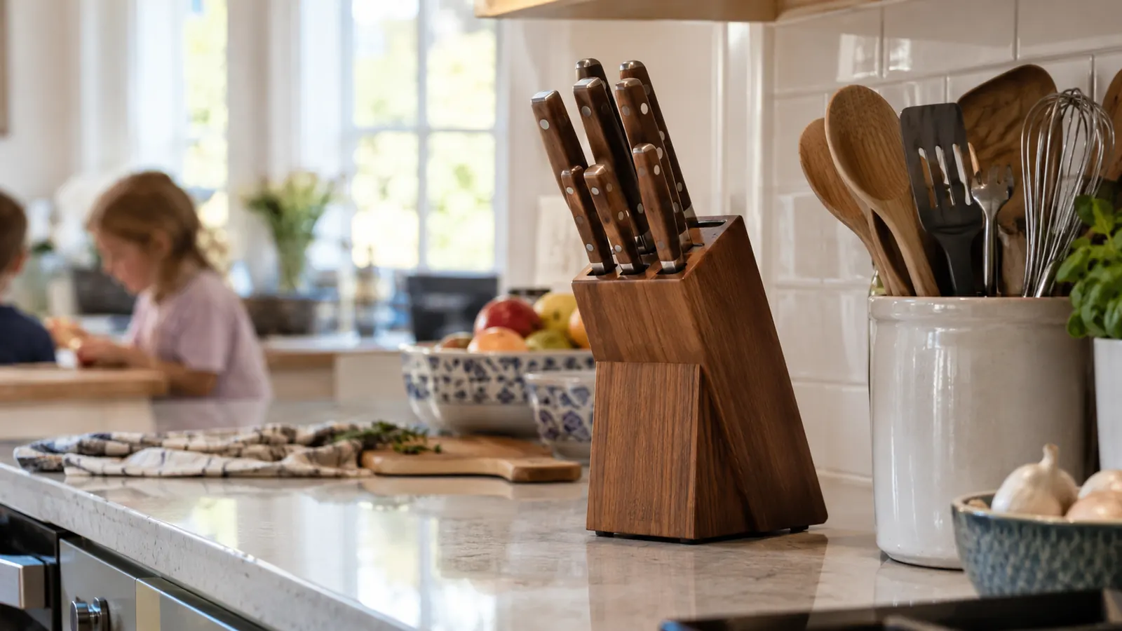 A knife block sitting on a crowded kitchen counter beside a jar of utensils