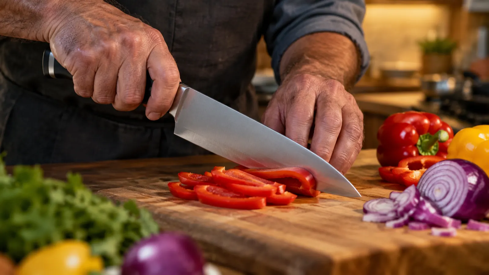 A hand holding a chef's knife over a wooden cutting board with sliced vegetables