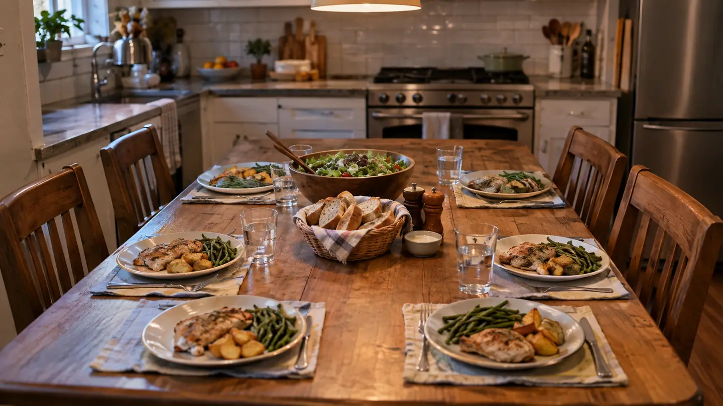 A family dinner table set for six people with simple weeknight dishes