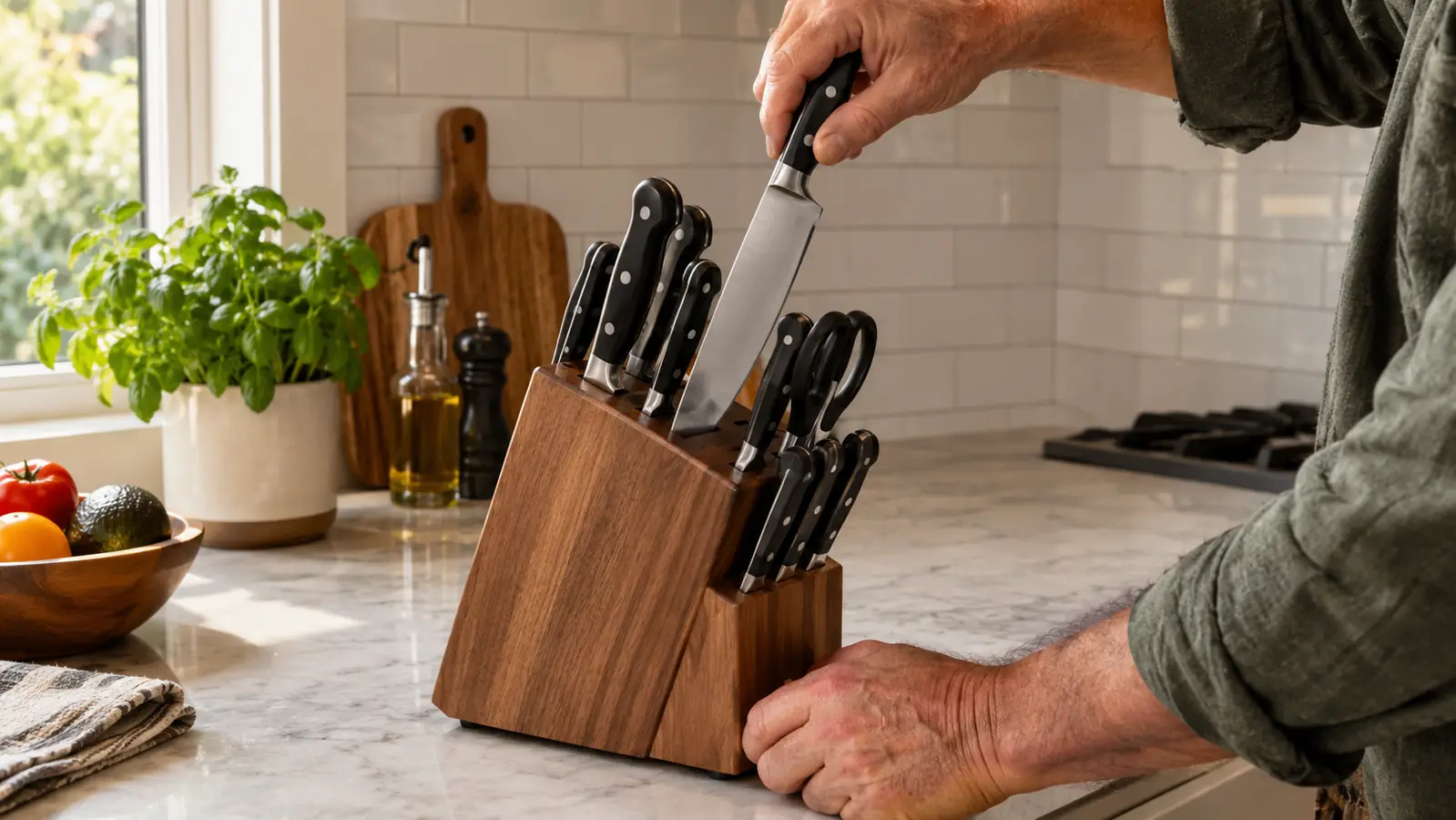 A hand pulling a chef's knife from the knife block set on the counter