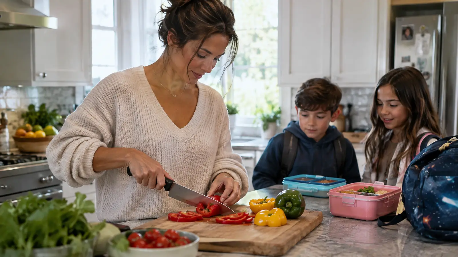 A mom slicing bell peppers on a cutting board with a chef's knife while lunchboxes sit on the counter
