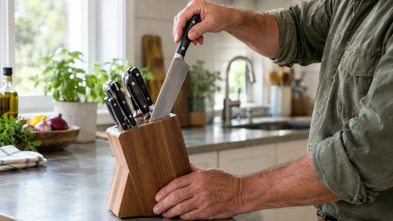 A hand pulling a chef's knife out of the knife block on a kitchen counter