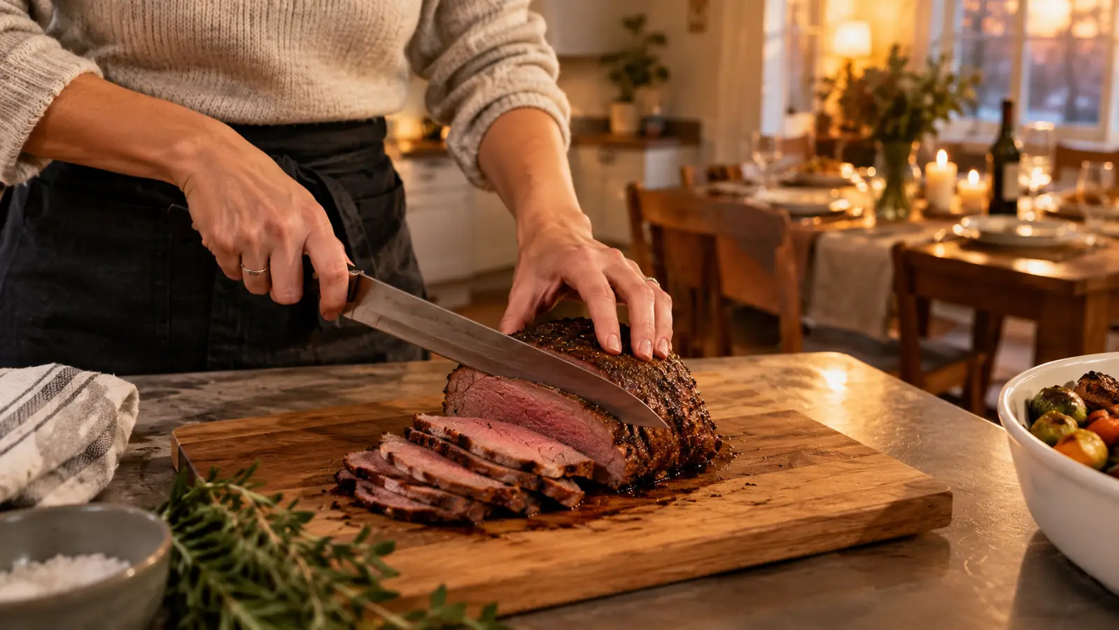 A home cook slicing a roast on a cutting board while a family dinner table is set behind
