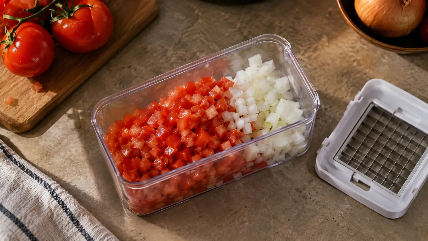 Hands pressing the top of a vegetable chopper down over a container, diced tomato pieces visible below