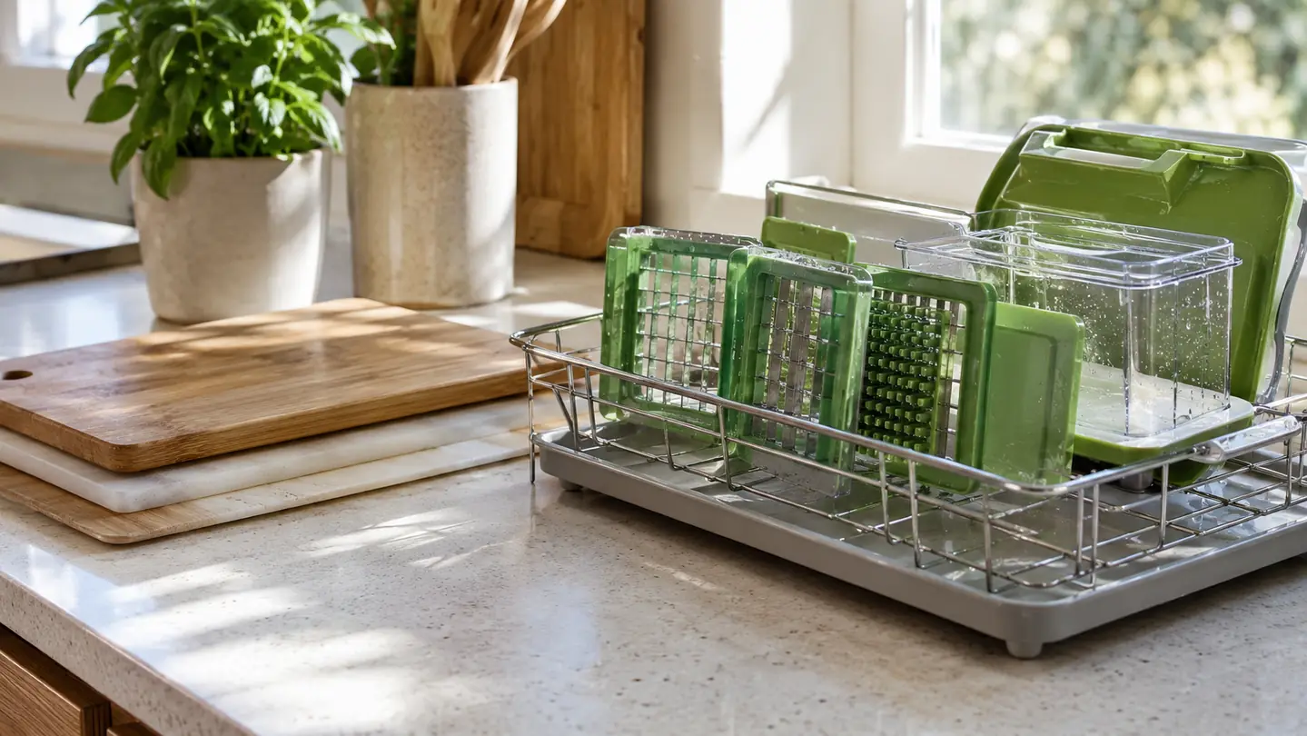 A vegetable chopper and its blades drying on a dish rack beside a stack of clean cutting boards