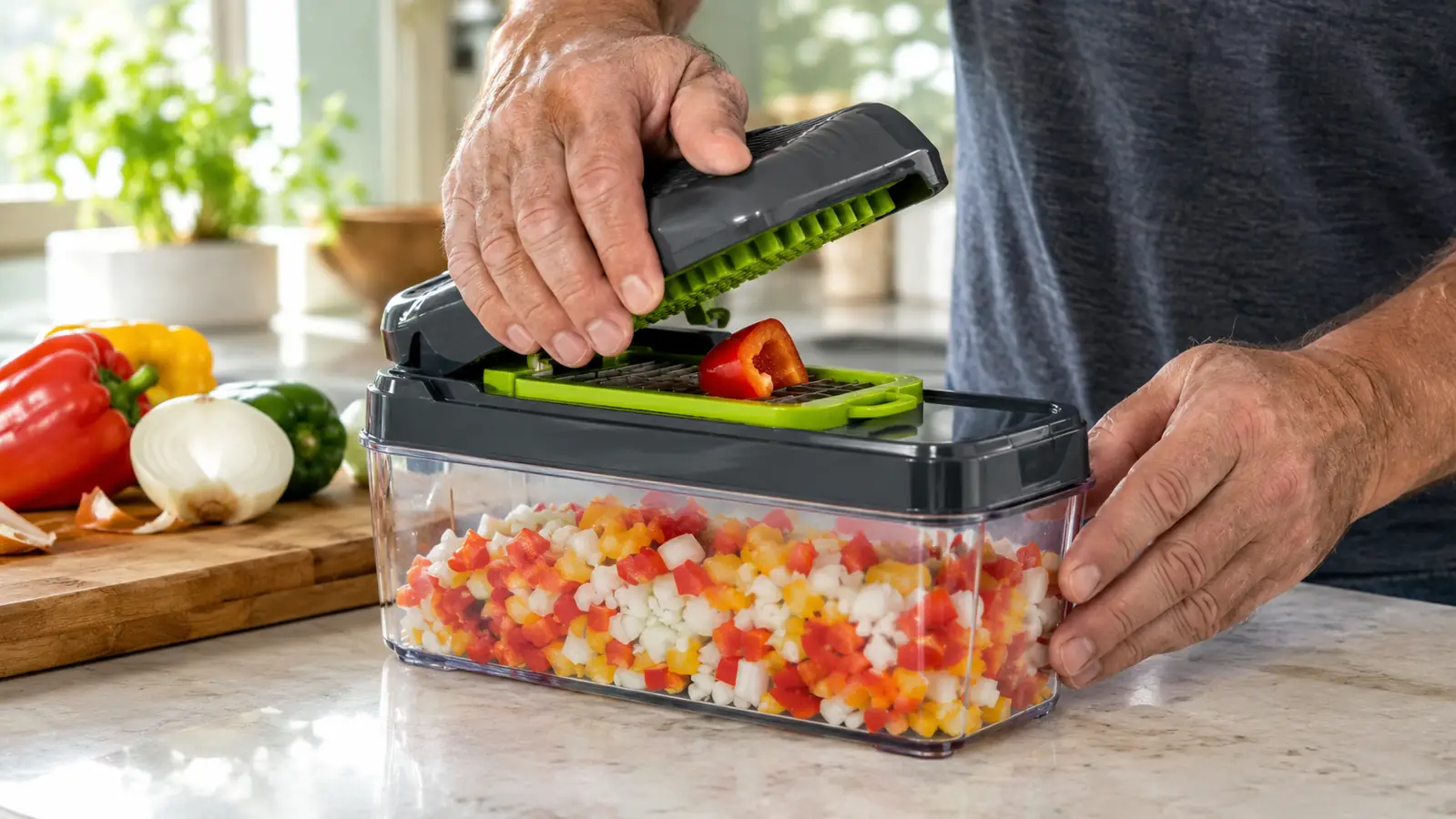 The vegetable chopper on a kitchen counter beside the included container of freshly diced peppers and onions.