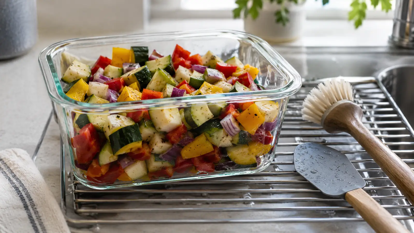 Diced vegetables in the included container with the cleaning brush and scraper beside it on a drying rack.