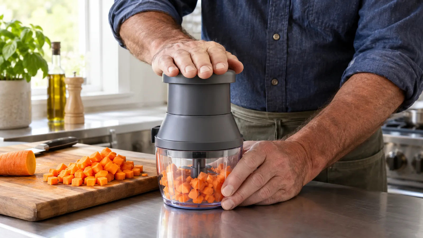 A hand pressing the chopper down over its container while diced carrot pieces sit on a cutting board beside it