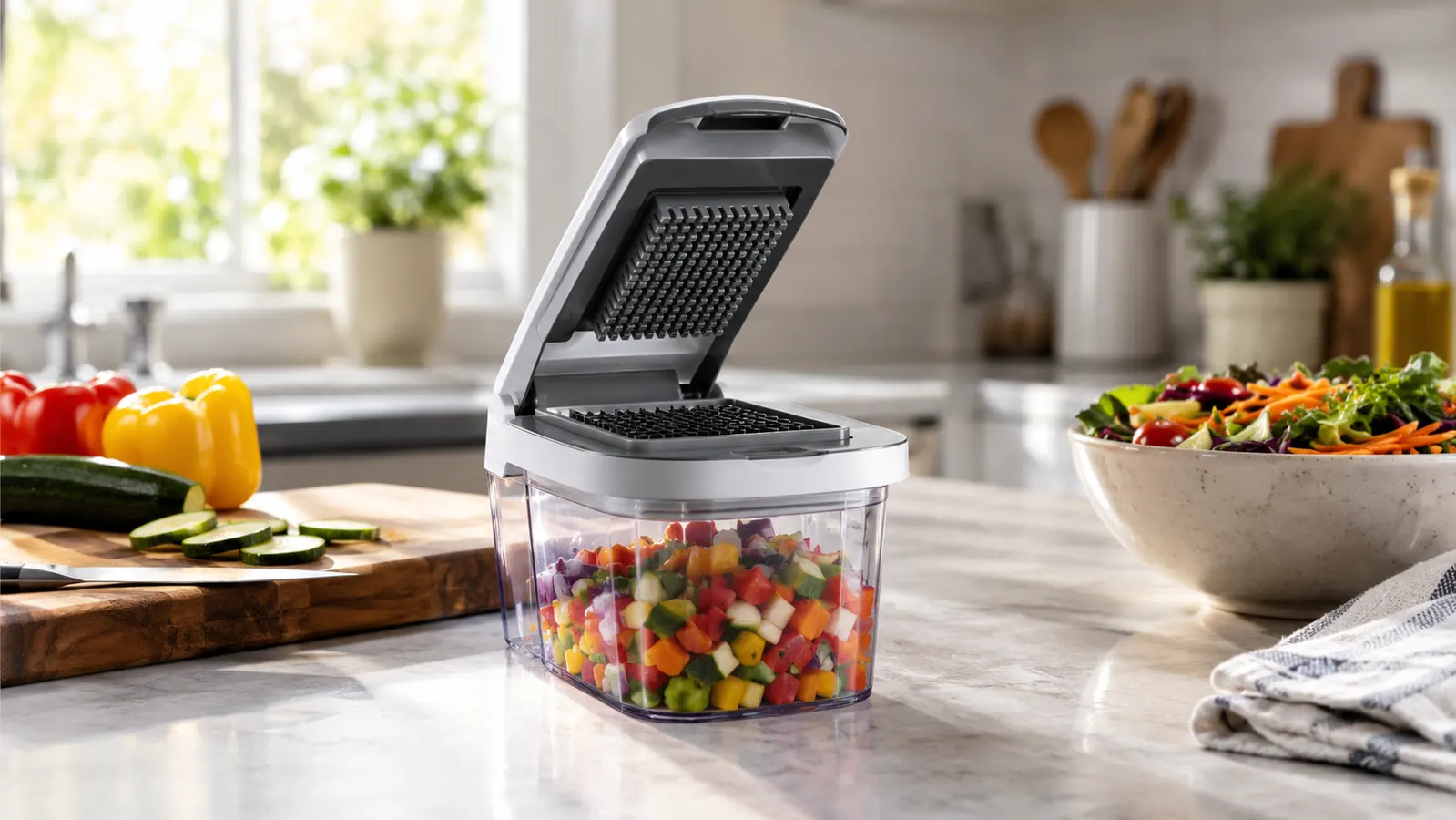 The vegetable chopper standing on a kitchen counter between a wooden cutting board and a bowl of mixed vegetables