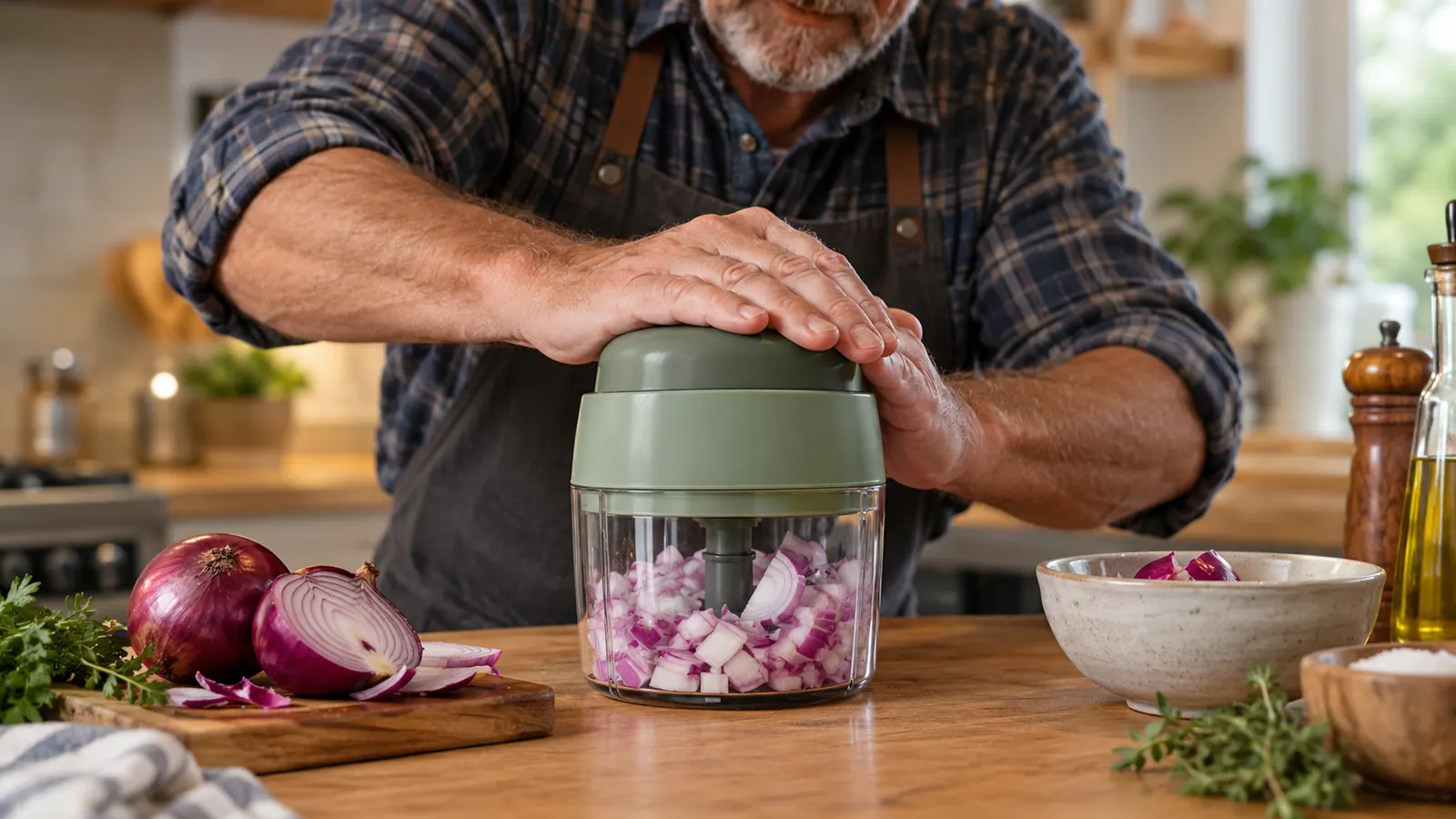 Hands pressing the chopper down over a bowl of onions on a kitchen counter