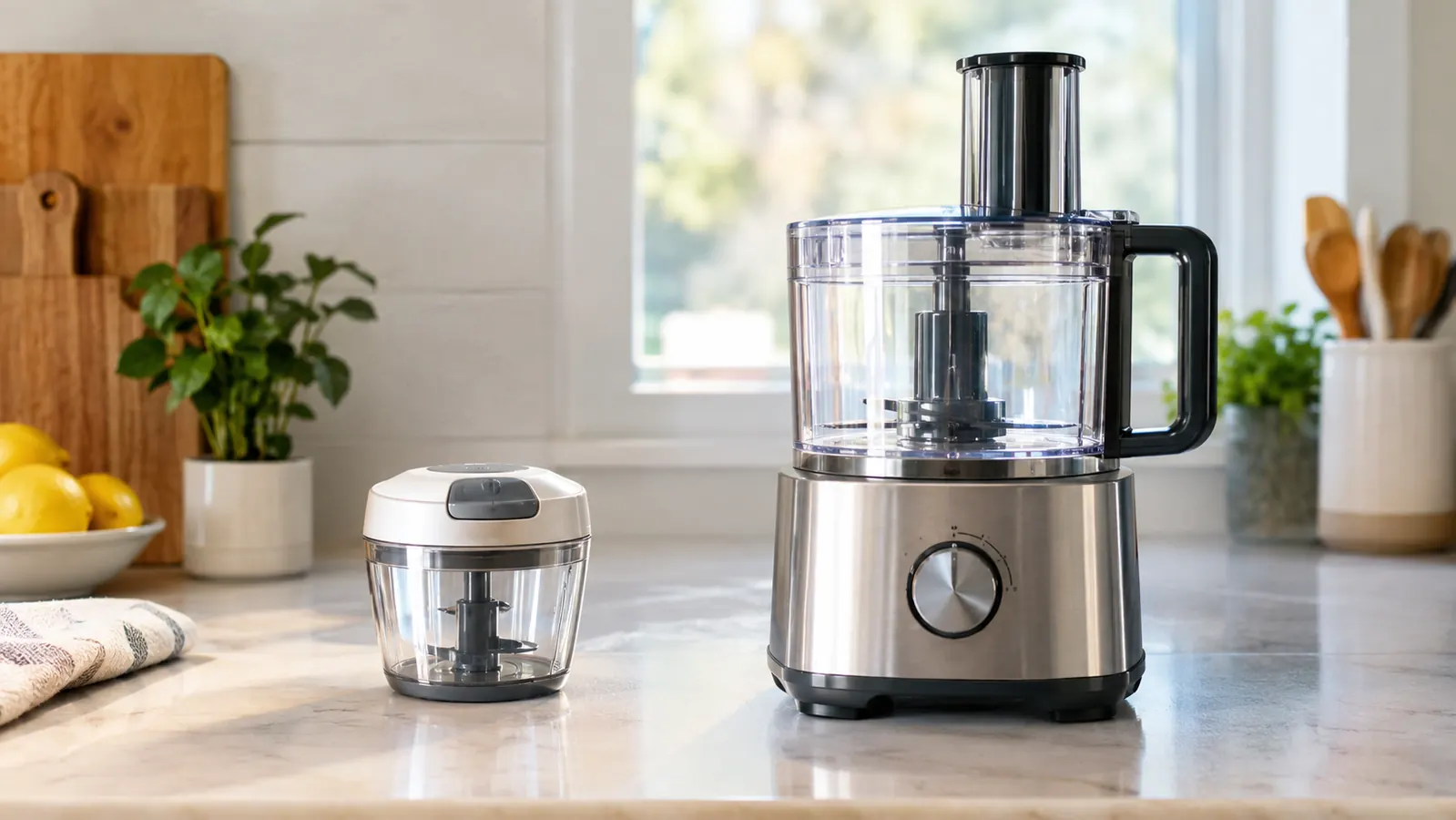 A kitchen counter with the compact chopper beside a large food processor, showing the difference in counter space