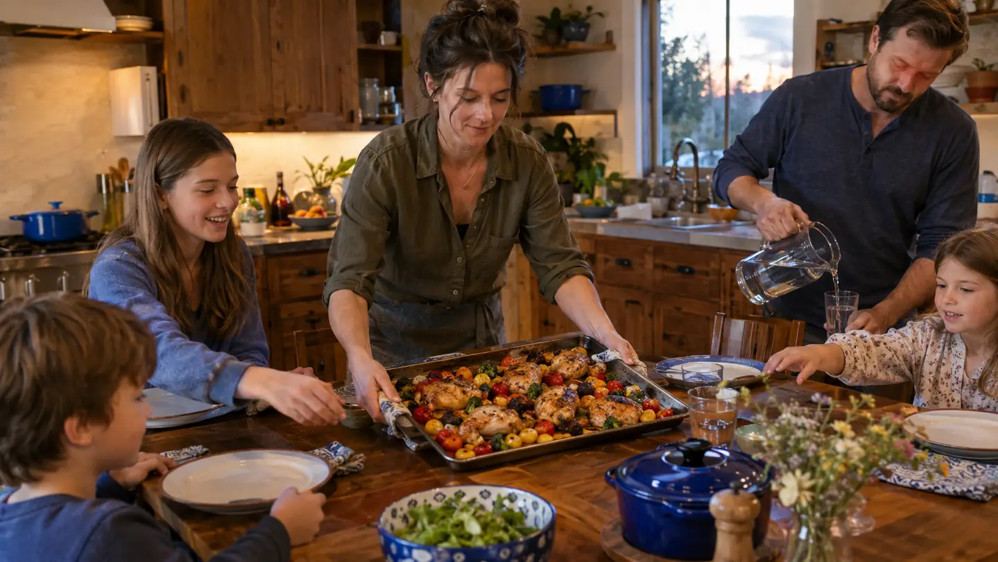 A mom sets a large sheet pan of roasted chicken and vegetables on a busy family dinner table while kids reach for plates