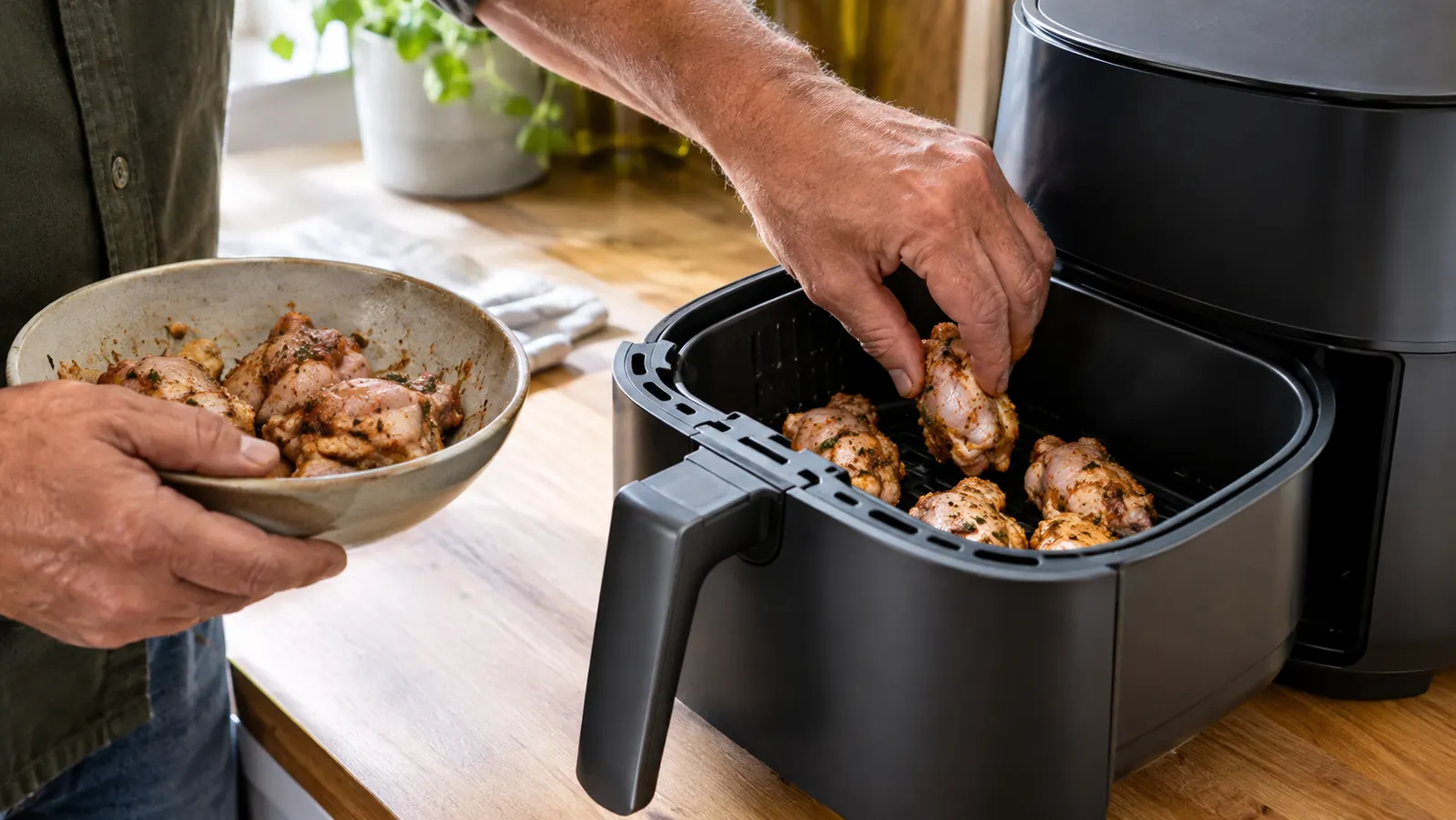 Hands placing chicken pieces into the air fryer basket on a kitchen counter