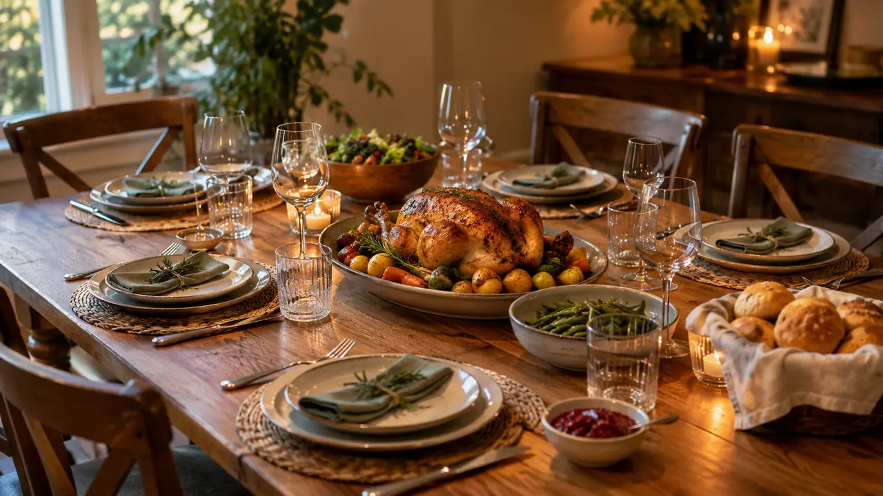 A family dinner table set for six with a platter of roasted chicken and vegetables in the middle