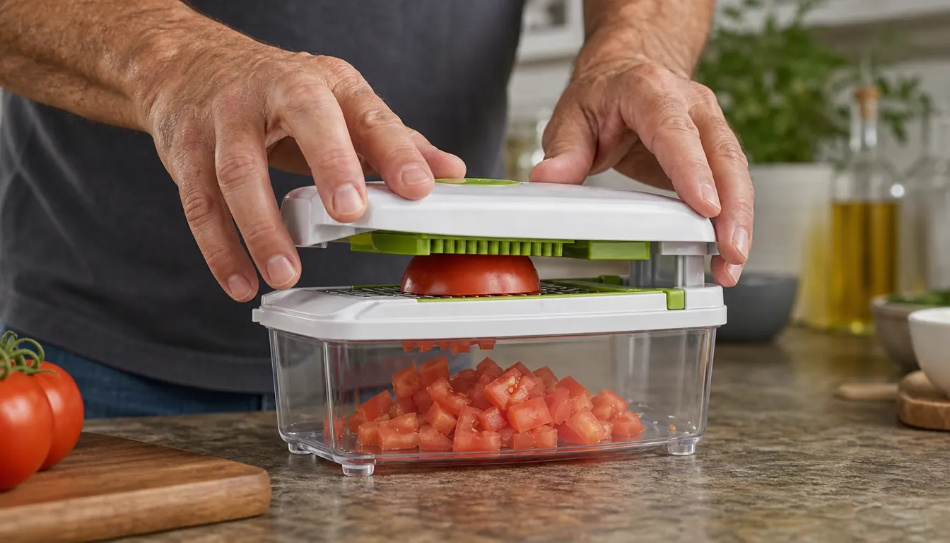 Hands pressing down on a vegetable chopper while diced tomato falls into the container below