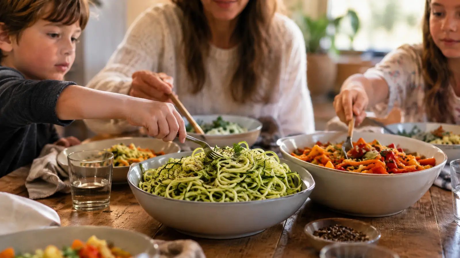 A family dinner table with bowls of spiralized zucchini and a bowl of chopped vegetables