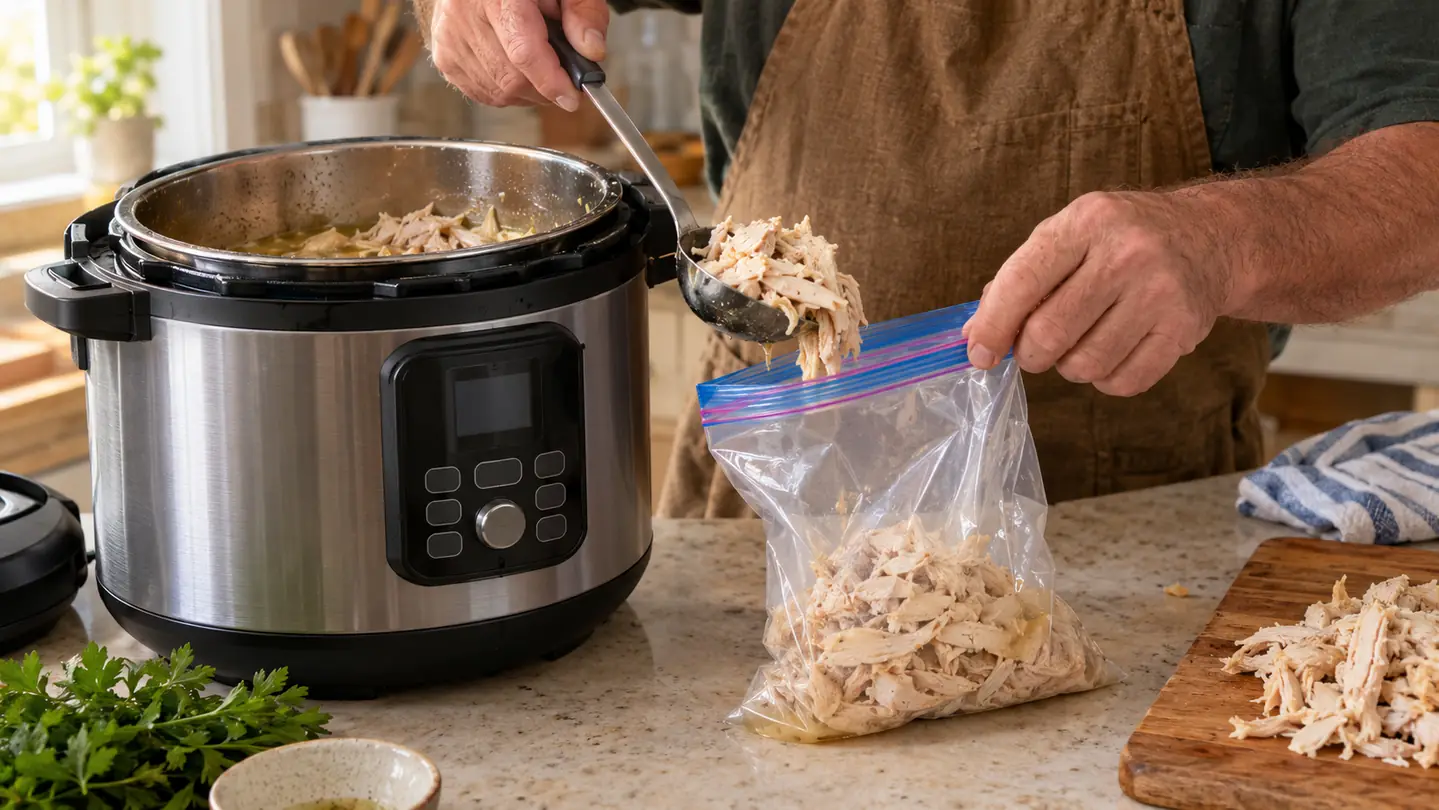 A parent using the Instant Pot Duo to fill a labeled freezer bag with cooked shredded chicken