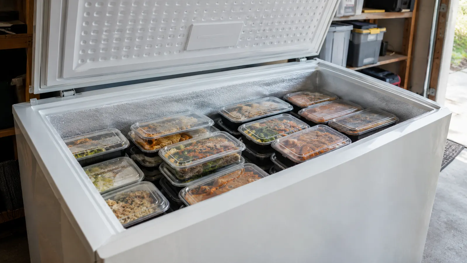 An open chest freezer with labeled meal containers stacked in neat rows