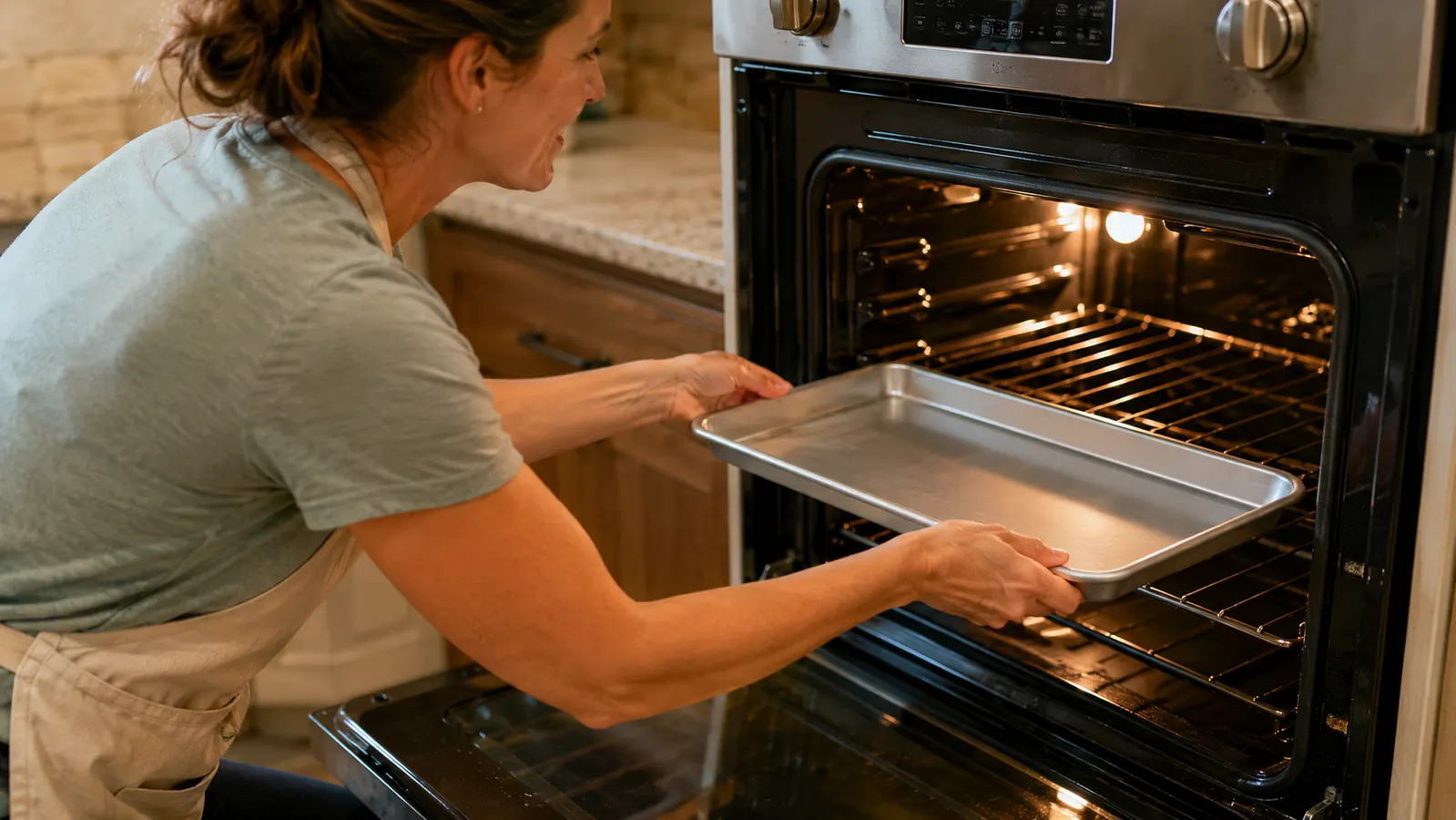 A mom sliding a half sheet pan into a standard home oven using both hands
