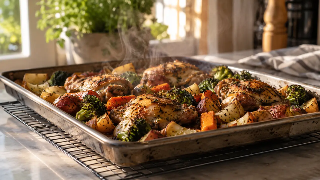 A half sheet pan cooling on a wire rack over a kitchen counter after coming out of the oven