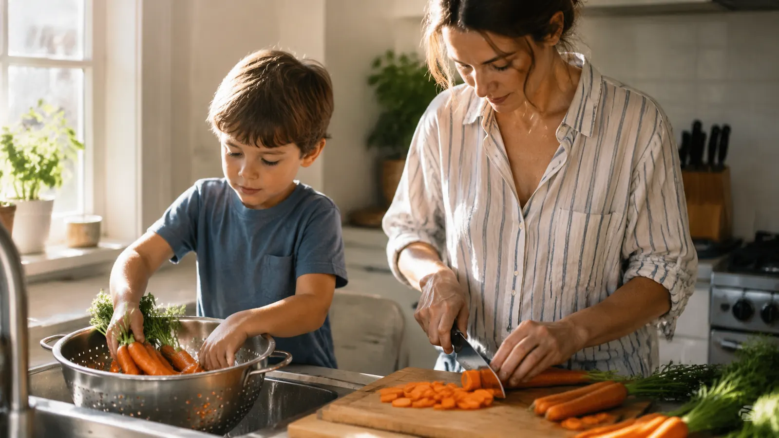 A child's hand holding a chef knife over a cutting board with a cucumber while an adult hand guides the grip