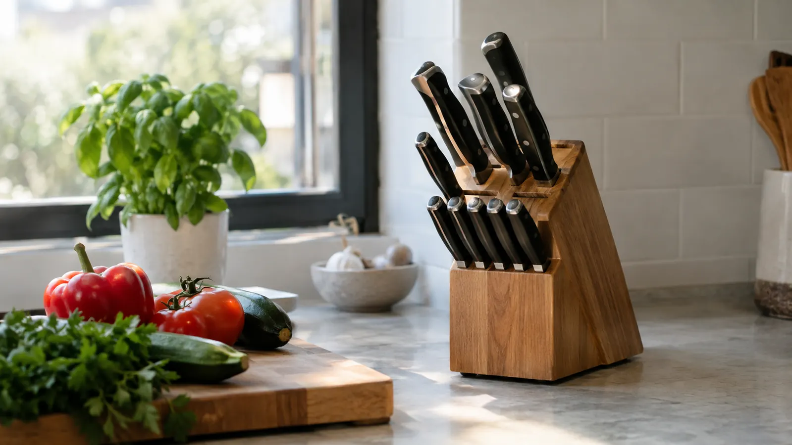 A wooden knife block on a kitchen counter with several knives of different sizes in the slots