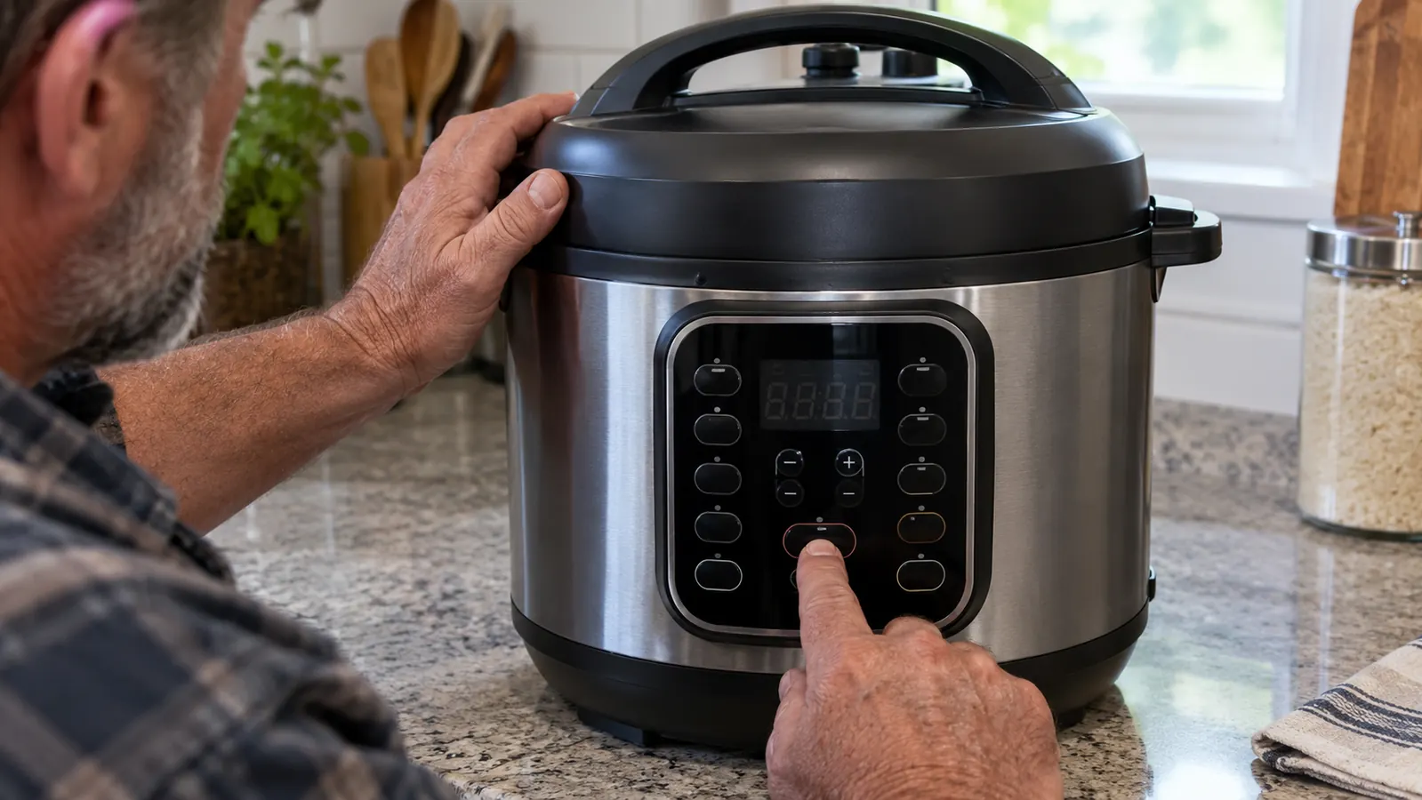 Hands in a home kitchen using the touch buttons on the control panel of the Instant Pot Duo