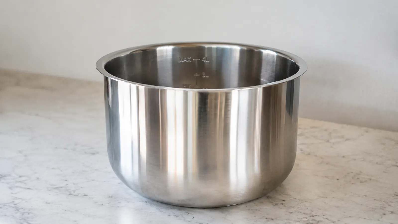 A stainless steel inner pot sitting on a kitchen counter after cooking