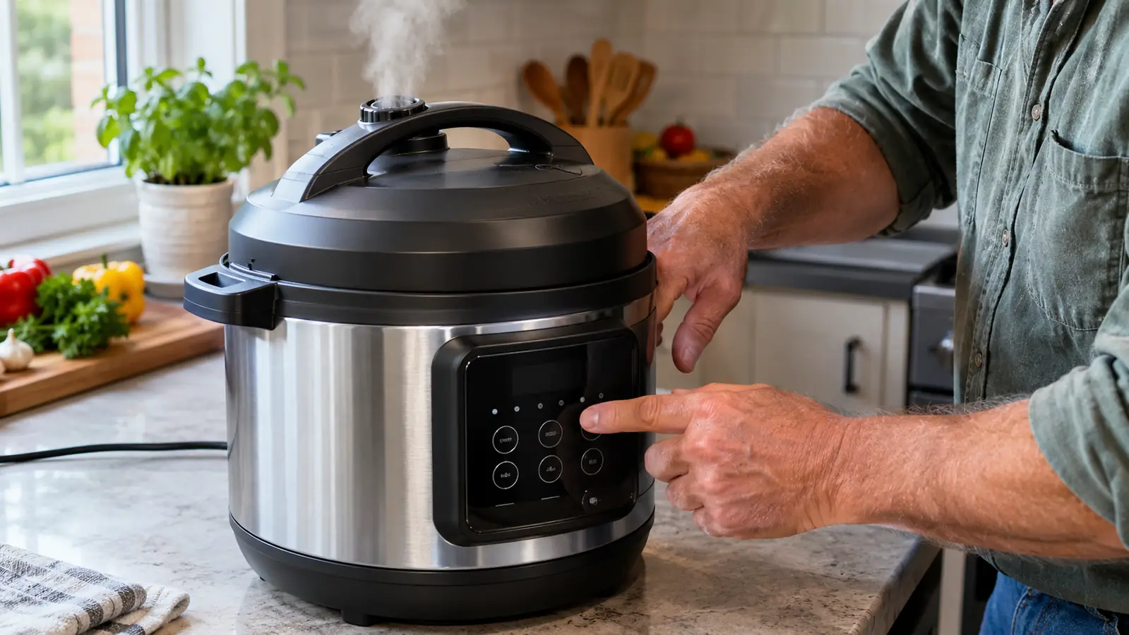 A hand pressing the touch buttons on top of an electric pressure cooker while steam rises from the vent