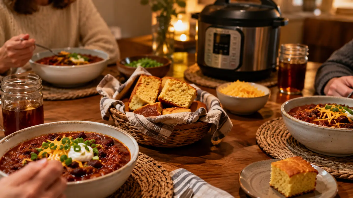 A weeknight dinner table with bowls of chili, a basket of cornbread, and an electric pressure cooker resting on a trivet nearby
