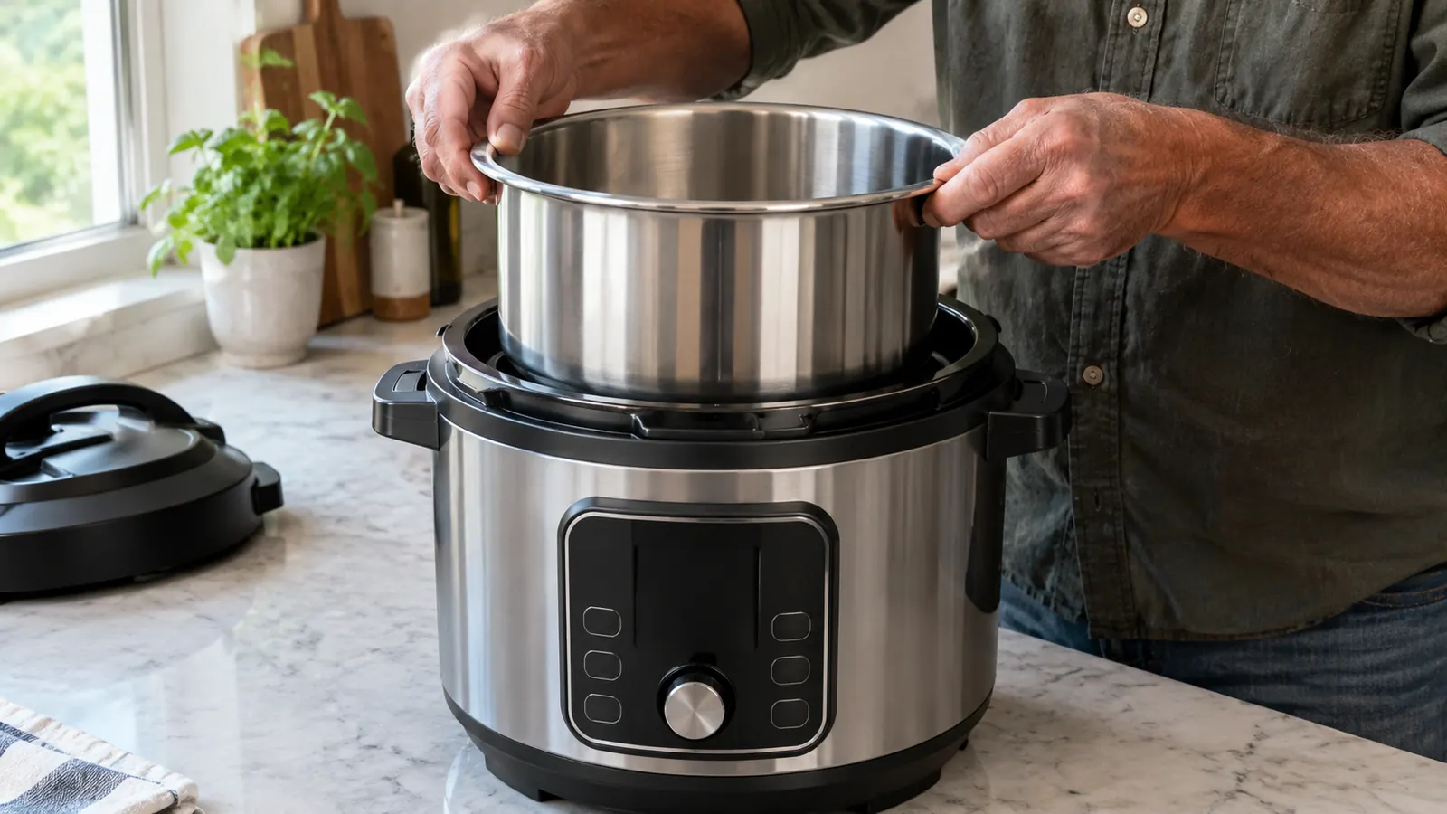 A hand placing a stainless steel inner pot into the base of an electric pressure cooker on a kitchen counter