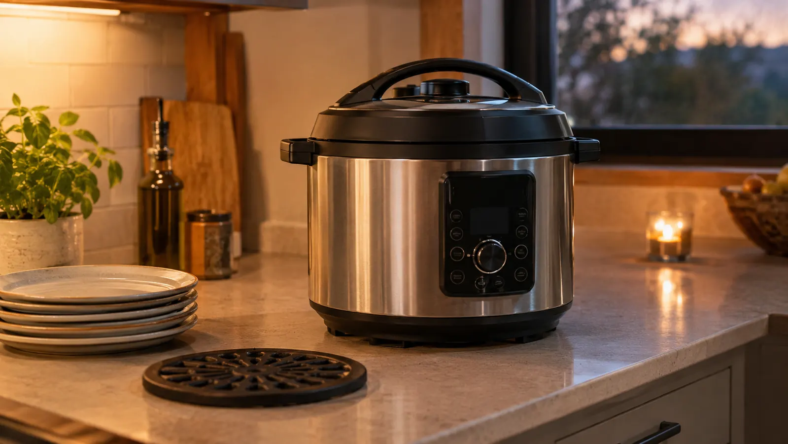 A stainless steel electric pressure cooker on a counter with a trivet and a stack of dinner plates nearby